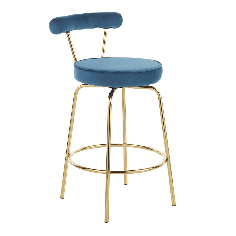 LumiSource Rhonda Counter Stool Set of 2 | Gold Metal & Blue Velvet | Art Deco Glam Kitchen & Bar Seating | 25.5in Seat Height | Model B26-RHONDAAUBU2