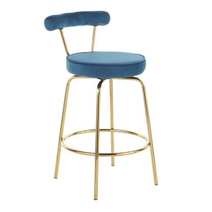 LumiSource Rhonda Counter Stool Set of 2 | Gold Metal & Blue Velvet | Art Deco Glam Kitchen & Bar Seating | 25.5in Seat Height | Model B26-RHONDAAUBU2