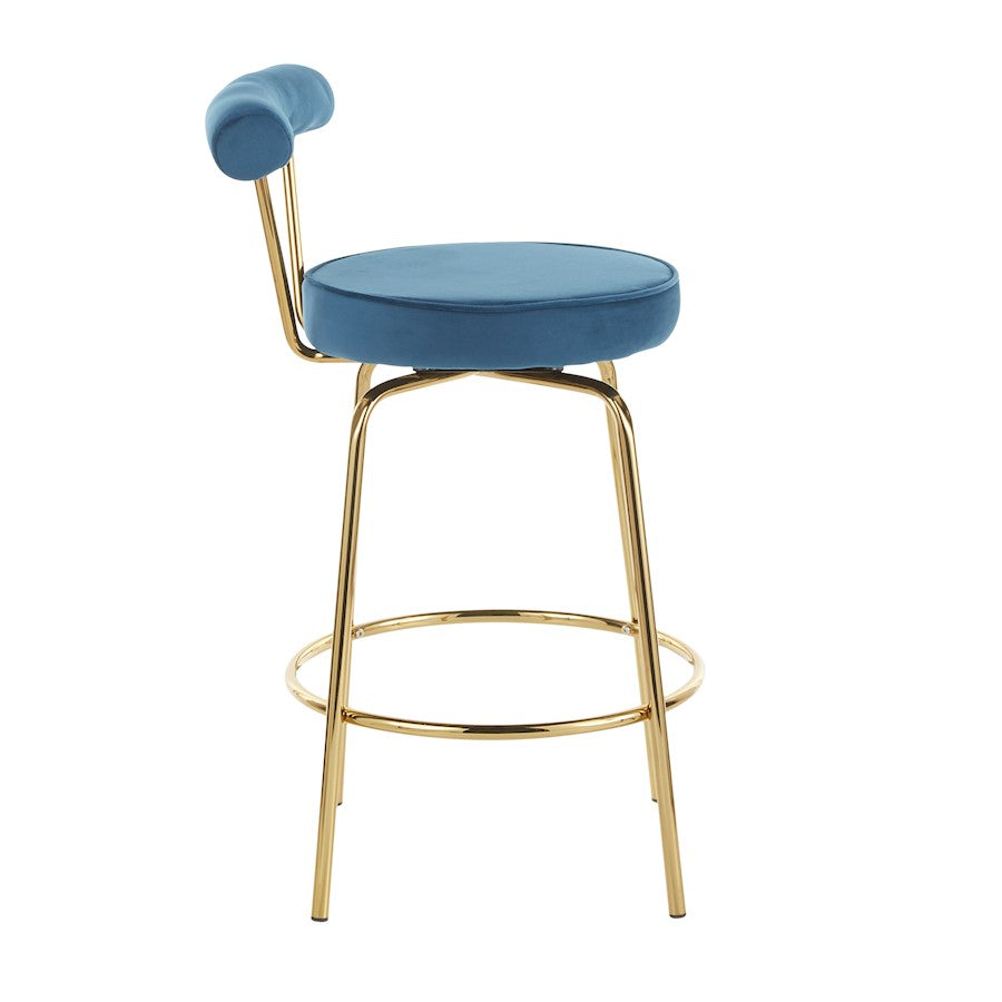 LumiSource Rhonda Counter Stool Set of 2 | Gold Metal & Blue Velvet | Art Deco Glam Kitchen & Bar Seating | 25.5in Seat Height | Model B26-RHONDAAUBU2