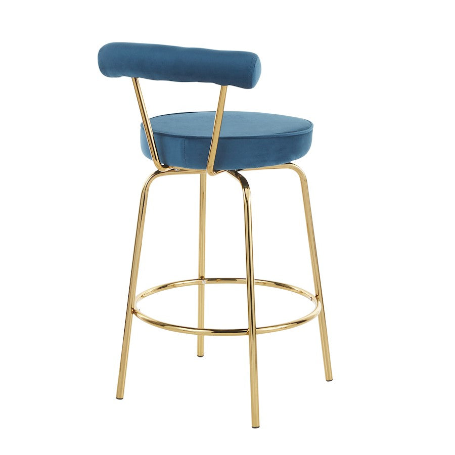 LumiSource Rhonda Counter Stool Set of 2 | Gold Metal & Blue Velvet | Art Deco Glam Kitchen & Bar Seating | 25.5in Seat Height | Model B26-RHONDAAUBU2