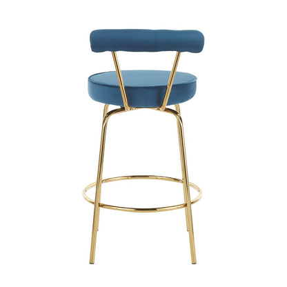 LumiSource Rhonda Counter Stool Set of 2 | Gold Metal & Blue Velvet | Art Deco Glam Kitchen & Bar Seating | 25.5in Seat Height | Model B26-RHONDAAUBU2