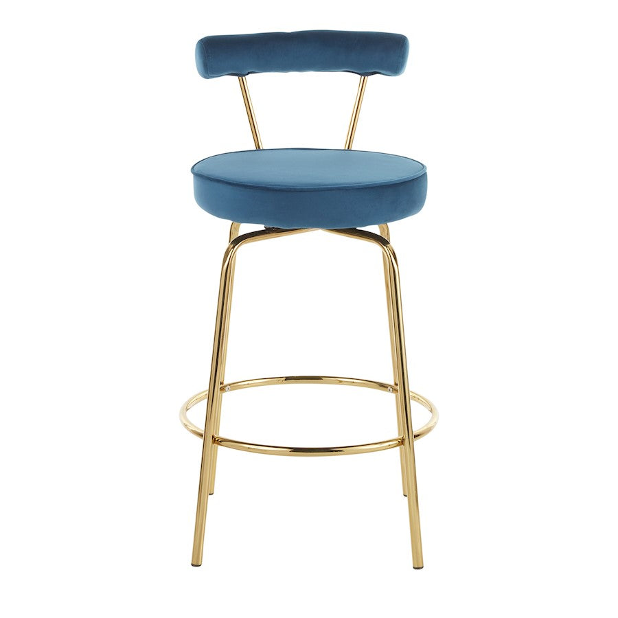 LumiSource Rhonda Counter Stool Set of 2 | Gold Metal & Blue Velvet | Art Deco Glam Kitchen & Bar Seating | 25.5in Seat Height | Model B26-RHONDAAUBU2