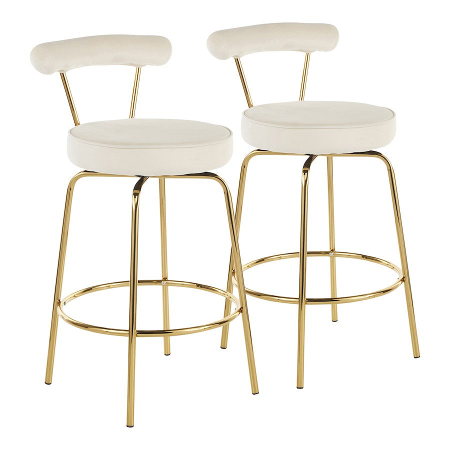 LumiSource Rhonda Counter Stool Set of 2 | Gold Metal & Cream Velvet | Art Deco Glam Kitchen & Bar Seating | 25.5in Seat | Model B26-RHONDAAUCR2