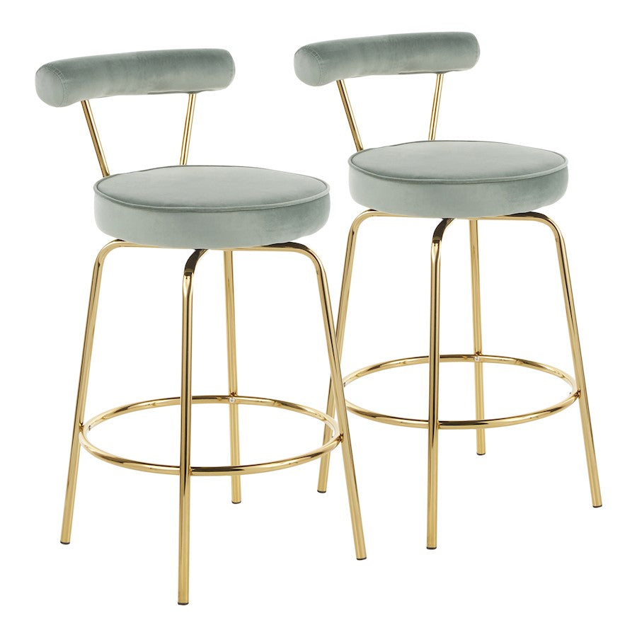LumiSource Rhonda Counter Stool Set of 2 | Art Deco Sage Green Velvet & Gold Metal | Kitchen Island & Bar Seating | Model B26-RHONDAAULGN2