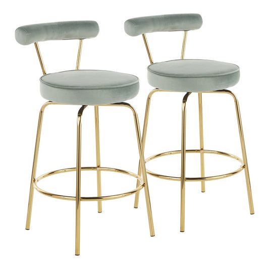 LumiSource Rhonda Counter Stool Set of 2 | Art Deco Sage Green Velvet & Gold Metal | Kitchen Island & Bar Seating | Model B26-RHONDAAULGN2
