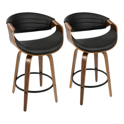LumiSource Symphony Counter Stool Set of 2 | Mid-Century Walnut Wood and Black PU Leather | Kitchen Island & Bar Seating | Model B26-SYMPQWLBK2