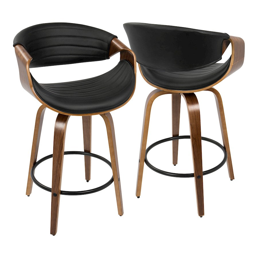 LumiSource Symphony Counter Stool Set of 2 | Mid-Century Walnut Wood and Black PU Leather | Kitchen Island & Bar Seating | Model B26-SYMPQWLBK2
