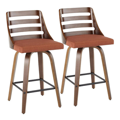 LumiSource Trevi Counter Stool Set of 2 | Mid-Century Walnut Wood and Orange Fabric | Kitchen Island & Bar Seating | Model B26-TREVI2-SWVXWLO2