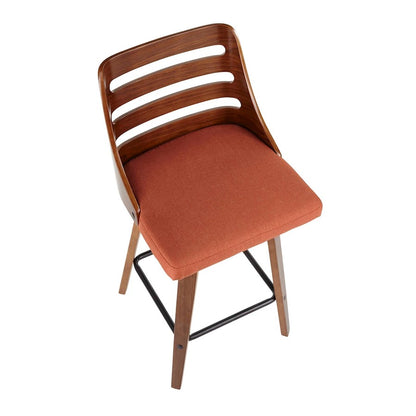 LumiSource Trevi Counter Stool Set of 2 | Mid-Century Walnut Wood and Orange Fabric | Kitchen Island & Bar Seating | Model B26-TREVI2-SWVXWLO2