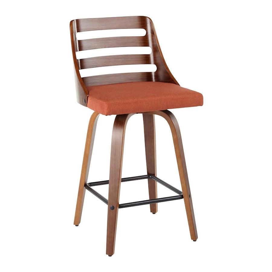 LumiSource Trevi Counter Stool Set of 2 | Mid-Century Walnut Wood and Orange Fabric | Kitchen Island & Bar Seating | Model B26-TREVI2-SWVXWLO2