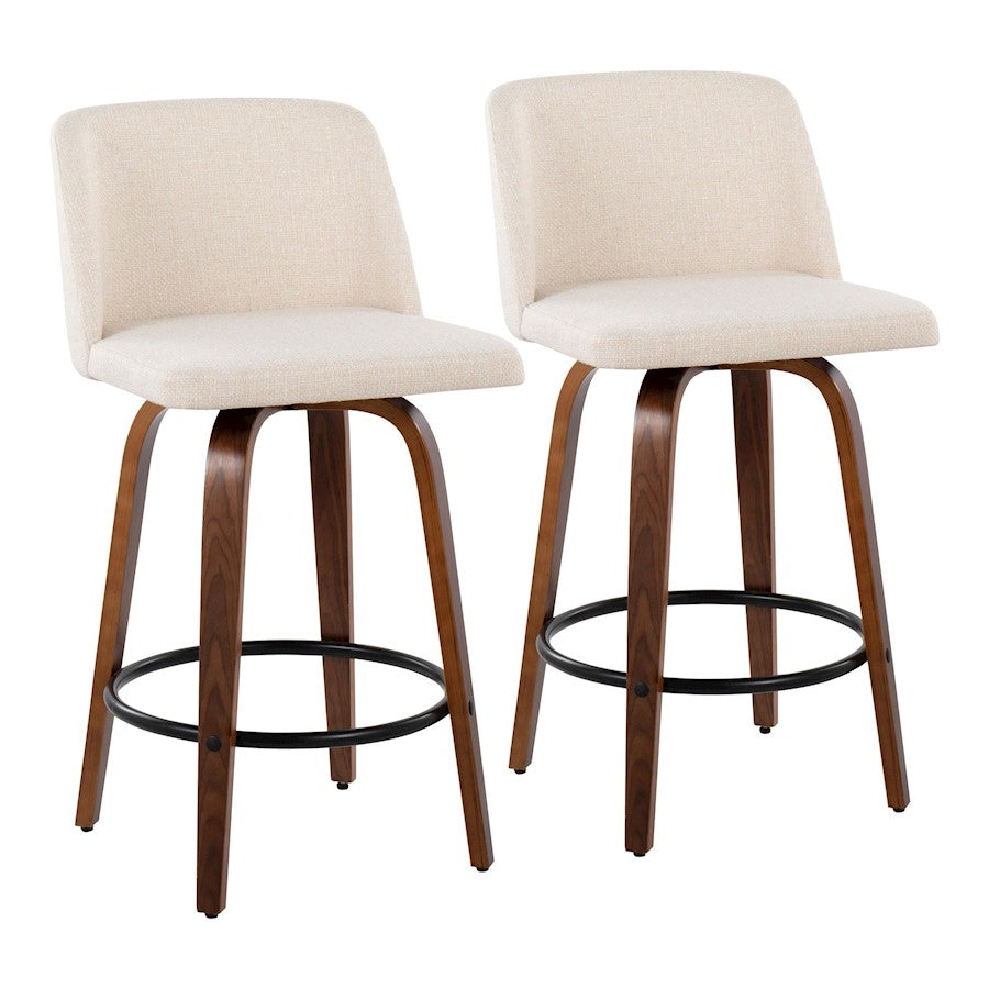 LumiSource Toriano 25.5in Counter Stool Set of 2 | Mid-Century Walnut Wood, Cream Noise Fabric, Black Steel | Kitchen | Model B26-TRNO-SWVQ2WLNCR2