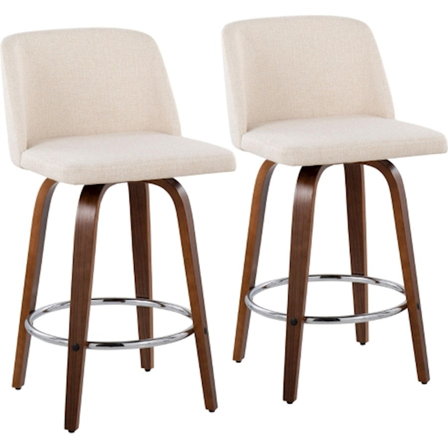 LumiSource Toriano Counter Stool Set/2 | Mid-Century Walnut Wood and Cream Fabric with Chrome Base | Kitchen Island | Model B26-TRNO-SWVR2WLNCR2