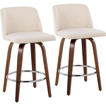 LumiSource Toriano Counter Stool Set/2 | Mid-Century Walnut Wood and Cream Fabric with Chrome Base | Kitchen Island | Model B26-TRNO-SWVR2WLNCR2