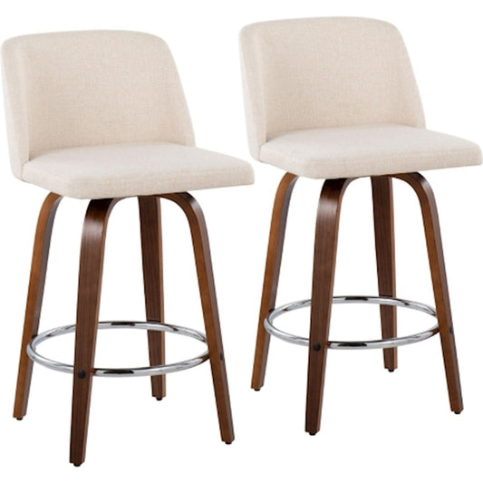 LumiSource Toriano Counter Stool Set/2 | Mid-Century Walnut Wood and Cream Fabric with Chrome Base | Kitchen Island | Model B26-TRNO-SWVR2WLNCR2