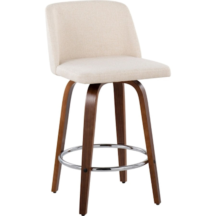 LumiSource Toriano Counter Stool Set/2 | Mid-Century Walnut Wood and Cream Fabric with Chrome Base | Kitchen Island | Model B26-TRNO-SWVR2WLNCR2