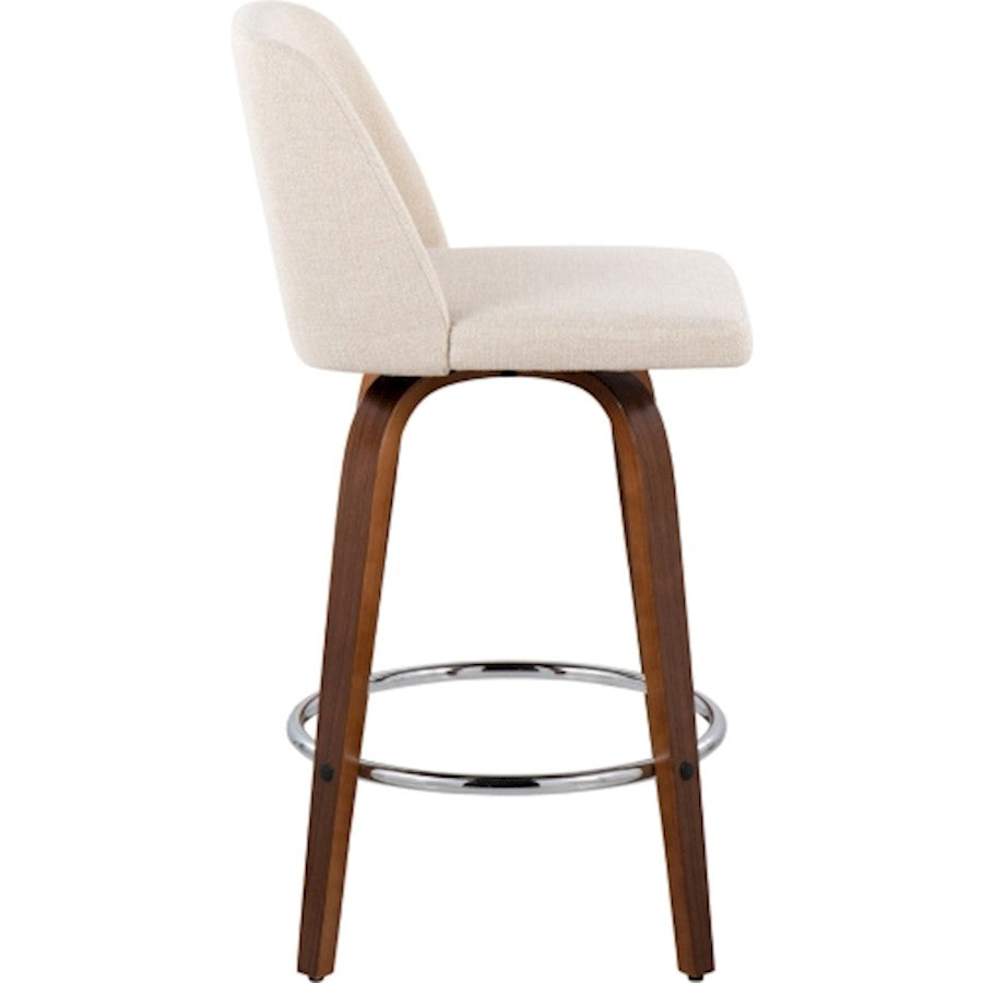 LumiSource Toriano Counter Stool Set/2 | Mid-Century Walnut Wood and Cream Fabric with Chrome Base | Kitchen Island | Model B26-TRNO-SWVR2WLNCR2