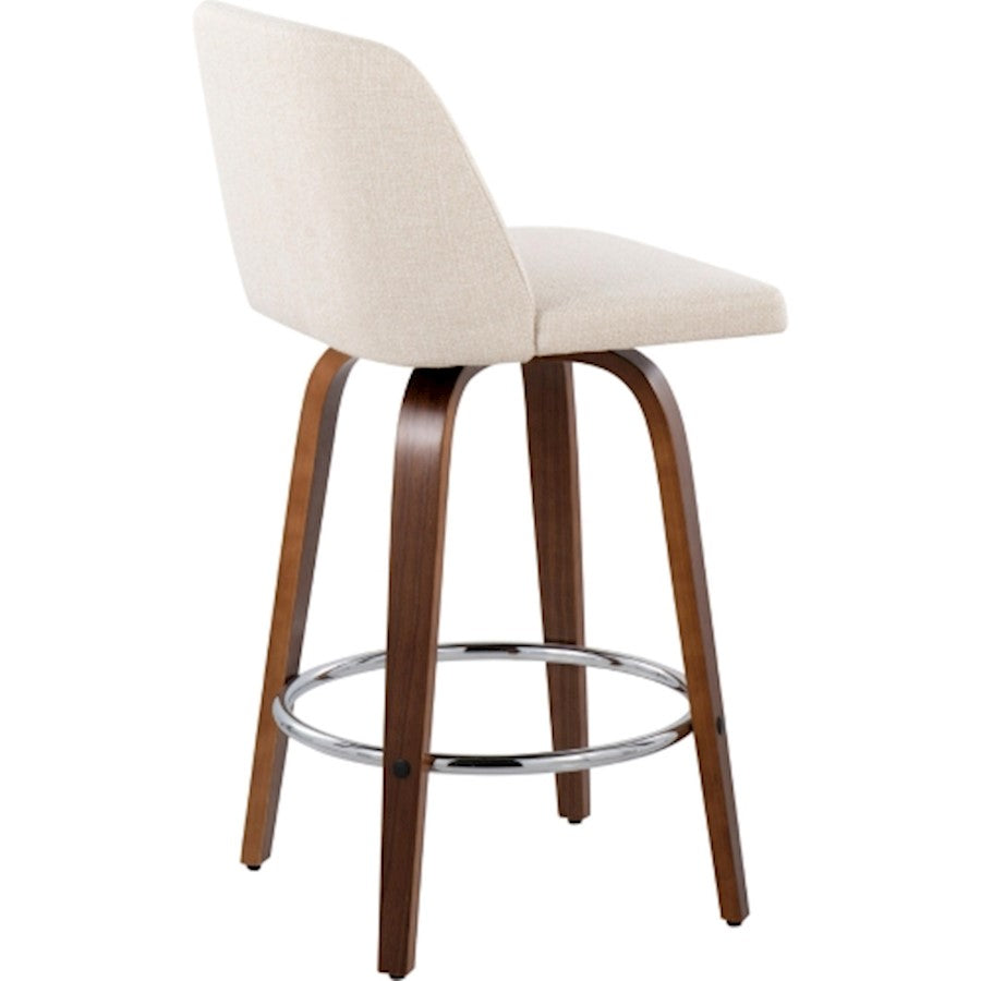 LumiSource Toriano Counter Stool Set/2 | Mid-Century Walnut Wood and Cream Fabric with Chrome Base | Kitchen Island | Model B26-TRNO-SWVR2WLNCR2