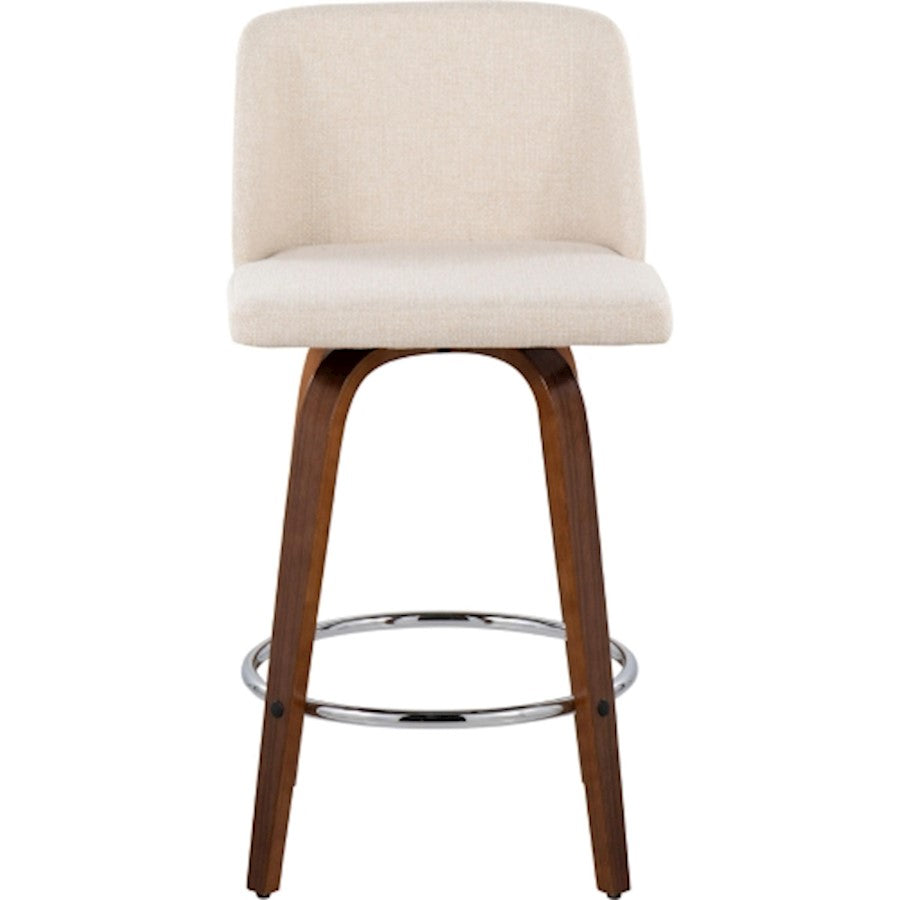 LumiSource Toriano Counter Stool Set/2 | Mid-Century Walnut Wood and Cream Fabric with Chrome Base | Kitchen Island | Model B26-TRNO-SWVR2WLNCR2