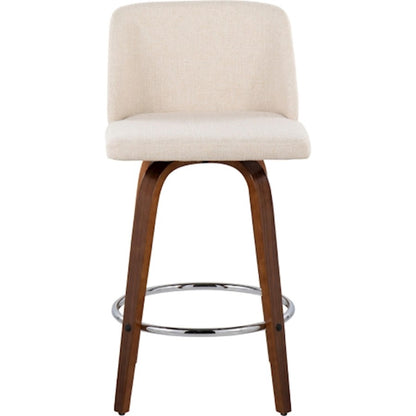 LumiSource Toriano Counter Stool Set/2 | Mid-Century Walnut Wood and Cream Fabric with Chrome Base | Kitchen Island | Model B26-TRNO-SWVR2WLNCR2