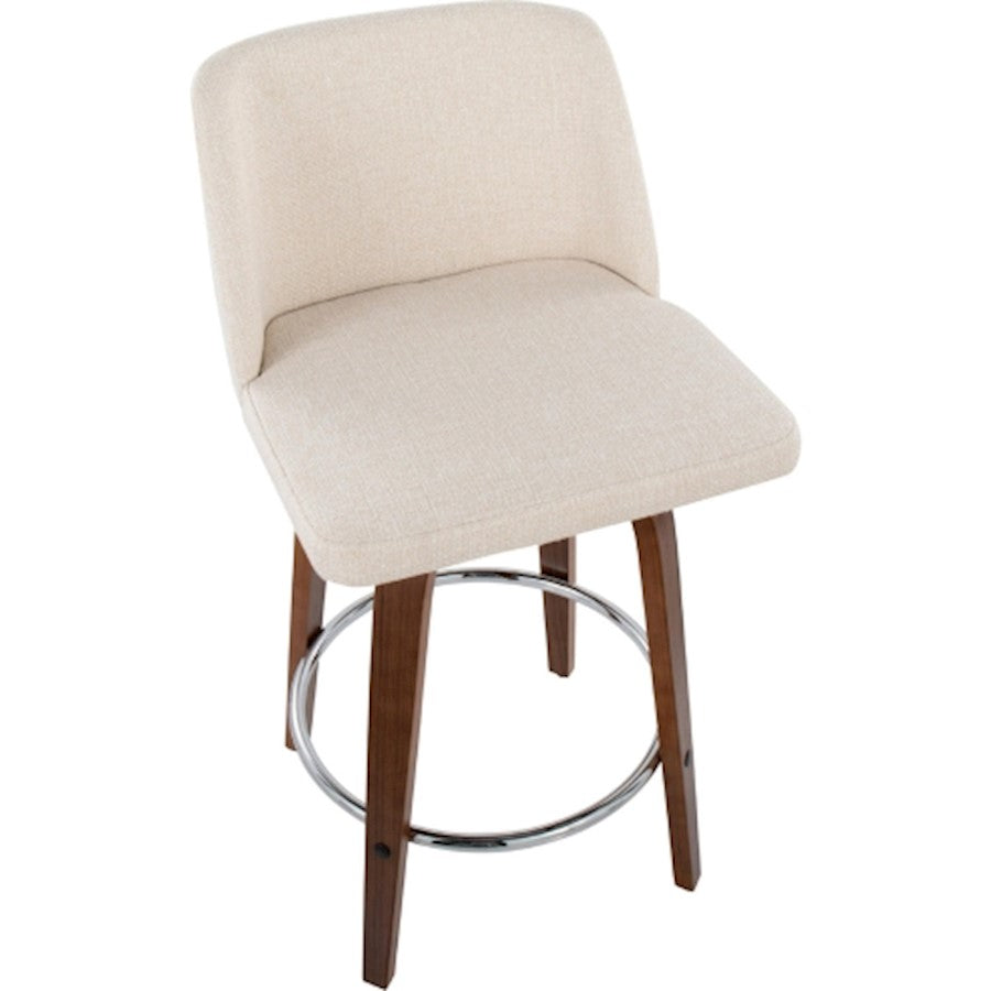 LumiSource Toriano Counter Stool Set/2 | Mid-Century Walnut Wood and Cream Fabric with Chrome Base | Kitchen Island | Model B26-TRNO-SWVR2WLNCR2