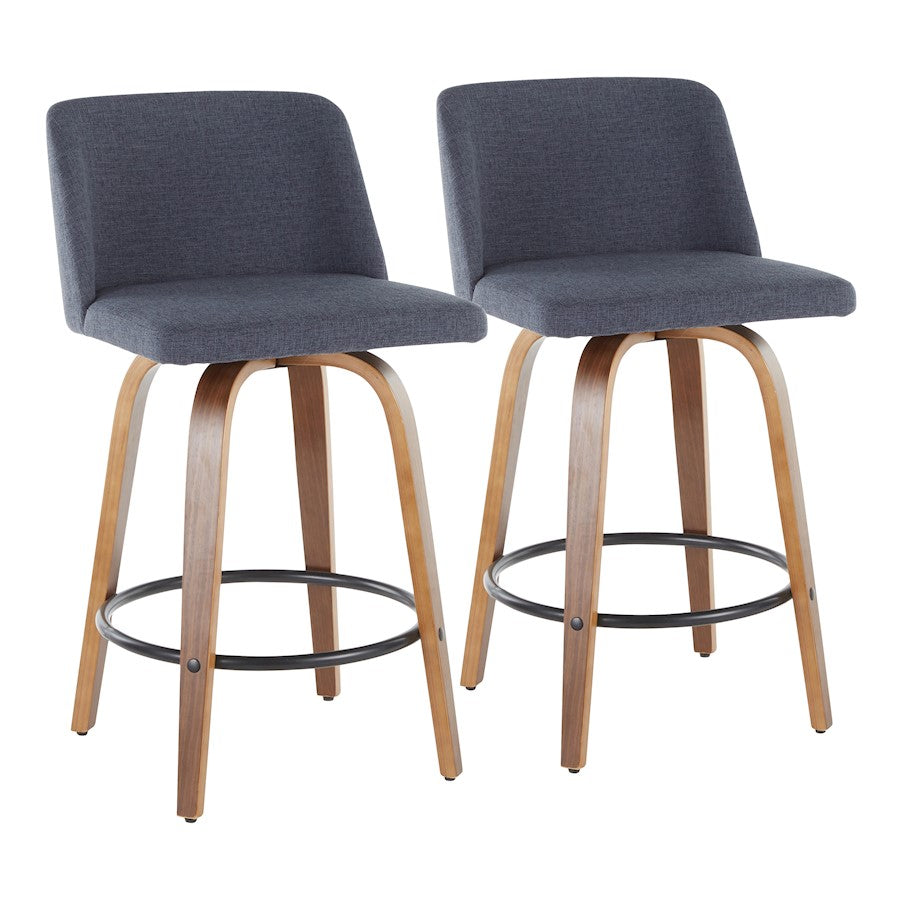LumiSource Toriano Counter Stool Set of 2 | Mid-Century Walnut Wood and Blue Fabric | Kitchen Island & Bar Seating | Model B26-TRNO2QWLBU2
