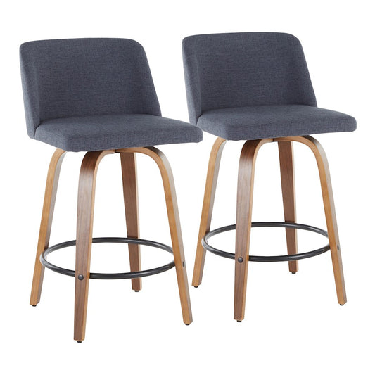LumiSource Toriano Counter Stool Set of 2 | Mid-Century Walnut Wood and Blue Fabric | Kitchen Island & Bar Seating | Model B26-TRNO2QWLBU2