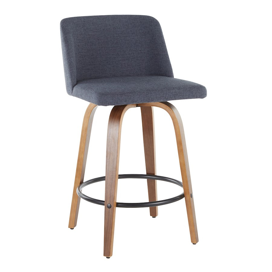 LumiSource Toriano Counter Stool Set of 2 | Mid-Century Walnut Wood and Blue Fabric | Kitchen Island & Bar Seating | Model B26-TRNO2QWLBU2