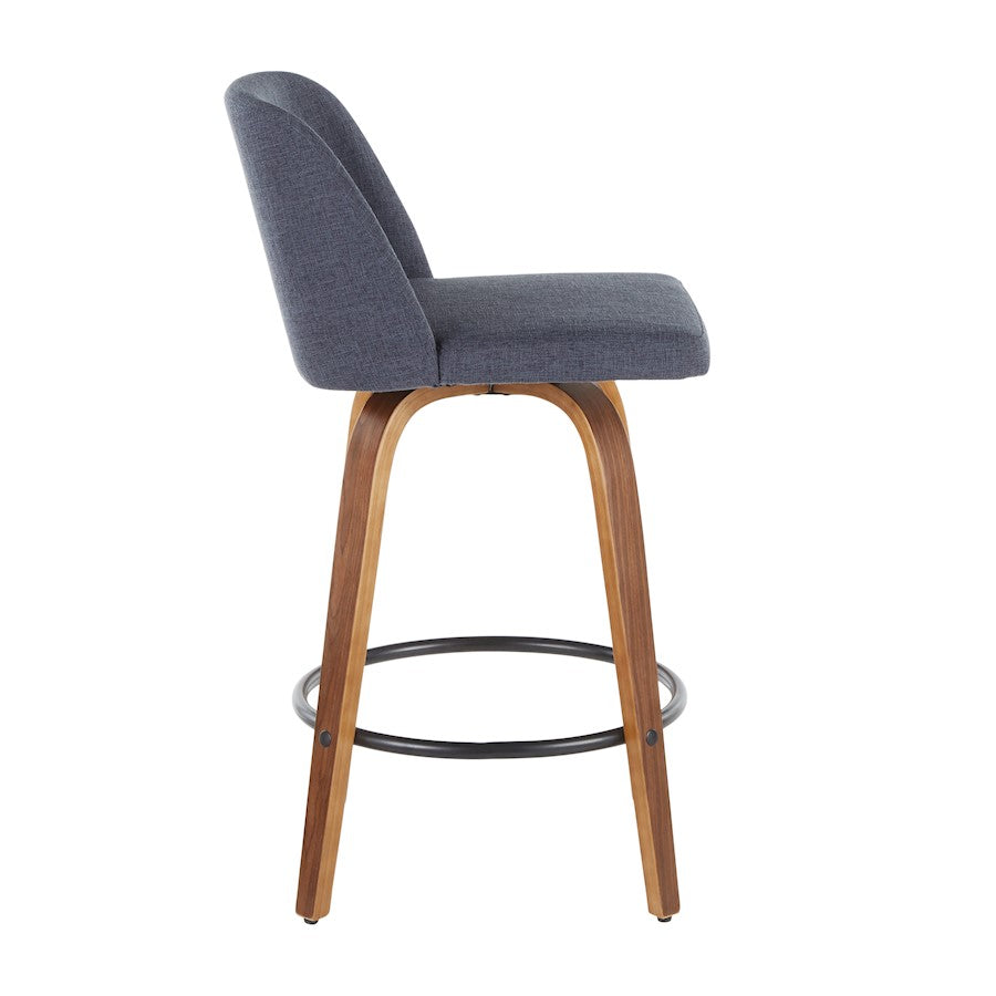 LumiSource Toriano Counter Stool Set of 2 | Mid-Century Walnut Wood and Blue Fabric | Kitchen Island & Bar Seating | Model B26-TRNO2QWLBU2