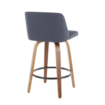 LumiSource Toriano Counter Stool Set of 2 | Mid-Century Walnut Wood and Blue Fabric | Kitchen Island & Bar Seating | Model B26-TRNO2QWLBU2