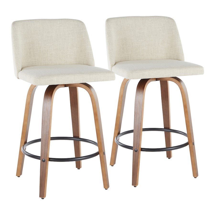 LumiSource Toriano Round Counter Stool Set of 2 | Mid-Century Walnut Wood and Cream Fabric | Kitchen Island & Bar Seating | Model B26-TRNO2QWLCR2
