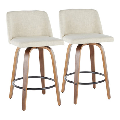 LumiSource Toriano Round Counter Stool Set of 2 | Mid-Century Walnut Wood and Cream Fabric | Kitchen Island & Bar Seating | Model B26-TRNO2QWLCR2
