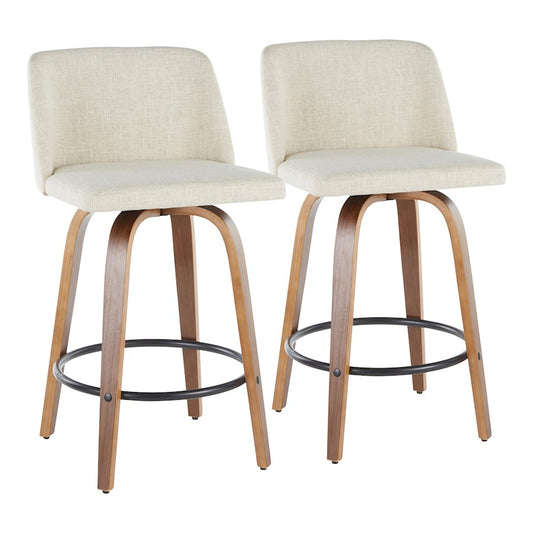 LumiSource Toriano Round Counter Stool Set of 2 | Mid-Century Walnut Wood and Cream Fabric | Kitchen Island & Bar Seating | Model B26-TRNO2QWLCR2