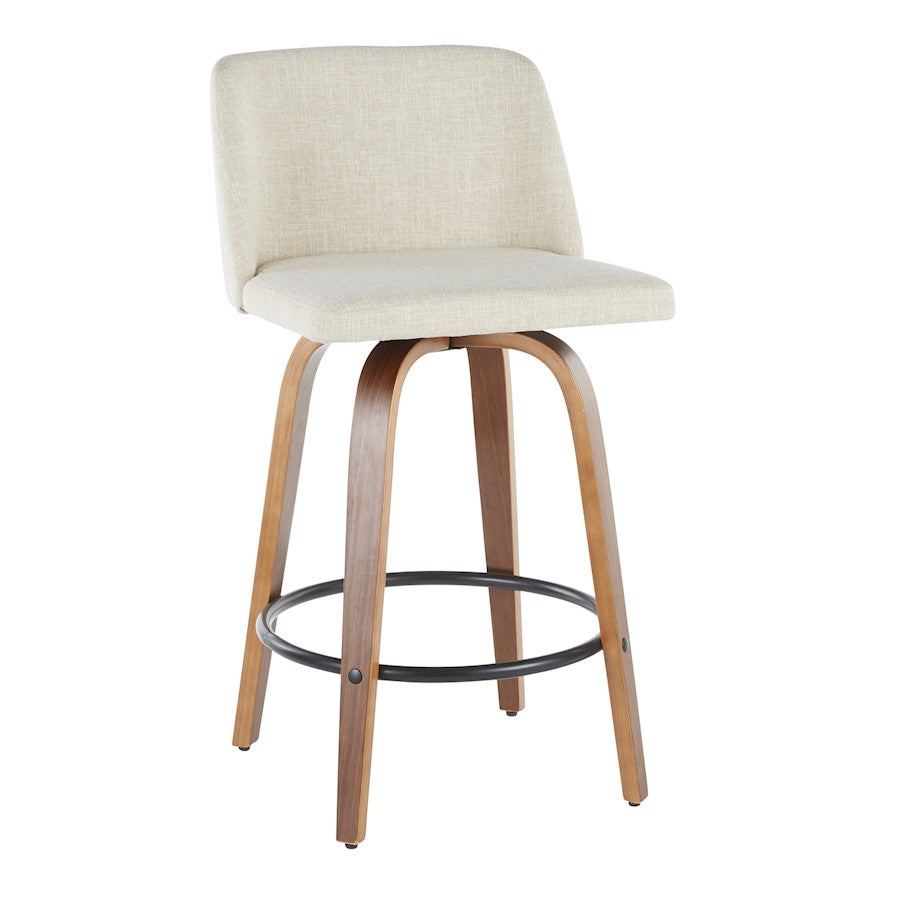 LumiSource Toriano Round Counter Stool Set of 2 | Mid-Century Walnut Wood and Cream Fabric | Kitchen Island & Bar Seating | Model B26-TRNO2QWLCR2