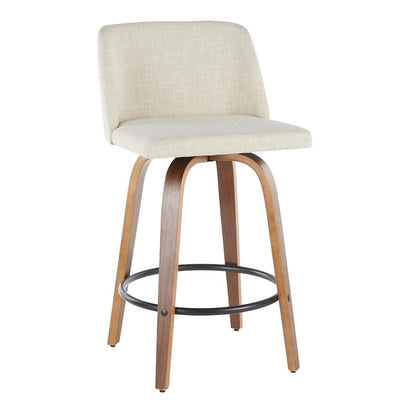 LumiSource Toriano Round Counter Stool Set of 2 | Mid-Century Walnut Wood and Cream Fabric | Kitchen Island & Bar Seating | Model B26-TRNO2QWLCR2