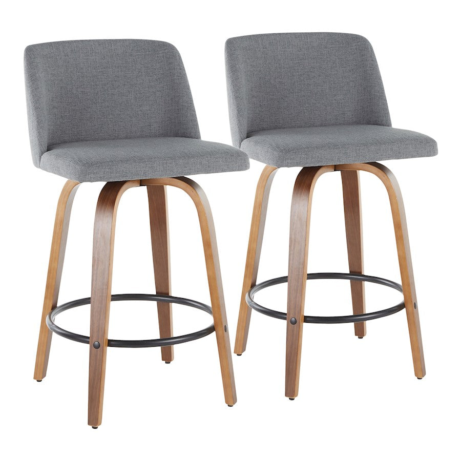 LumiSource Toriano Counter Stool Set of 2 | Mid-Century Walnut Wood, Grey Fabric, Black Metal | Kitchen Island & Bar Seating | Model B26-TRNO2QWLGY2