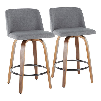 LumiSource Toriano Counter Stool Set of 2 | Mid-Century Walnut Wood, Grey Fabric, Black Metal | Kitchen Island & Bar Seating | Model B26-TRNO2QWLGY2