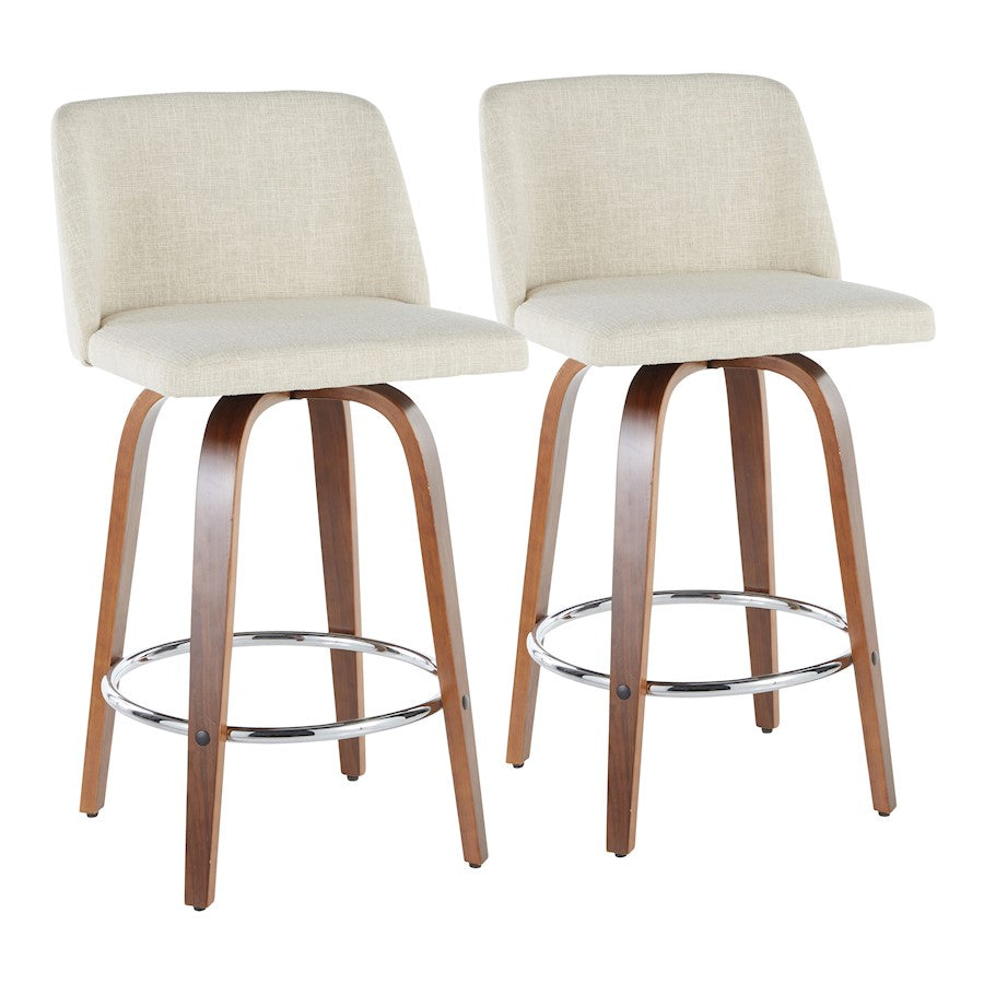 LumiSource Toriano Counter Stool Set of 2 | Mid-Century Walnut Wood, Cream Fabric, Chrome | Kitchen Island & Bar Seating | Model B26-TRNO2RWLCR2
