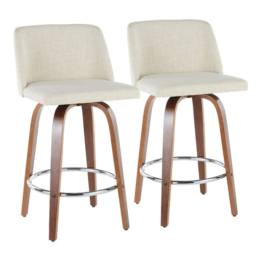 LumiSource Toriano Counter Stool Set of 2 | Mid-Century Walnut Wood, Cream Fabric, Chrome | Kitchen Island & Bar Seating | Model B26-TRNO2RWLCR2