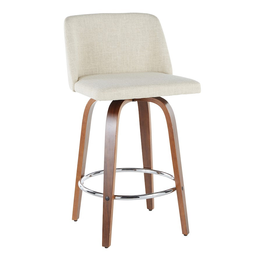 LumiSource Toriano Counter Stool Set of 2 | Mid-Century Walnut Wood, Cream Fabric, Chrome | Kitchen Island & Bar Seating | Model B26-TRNO2RWLCR2