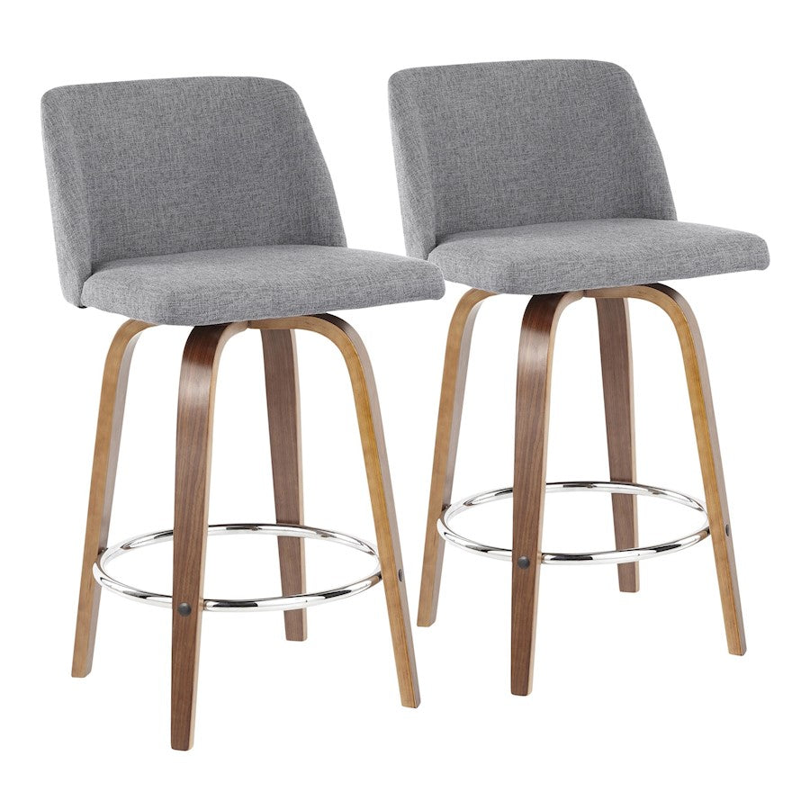 LumiSource Toriano 26in Counter Stool Set of 2 | Mid-Century Walnut Wood, Grey Fabric, Chrome | Kitchen Counter & Breakfast | Model B26-TRNO2RWLGY2