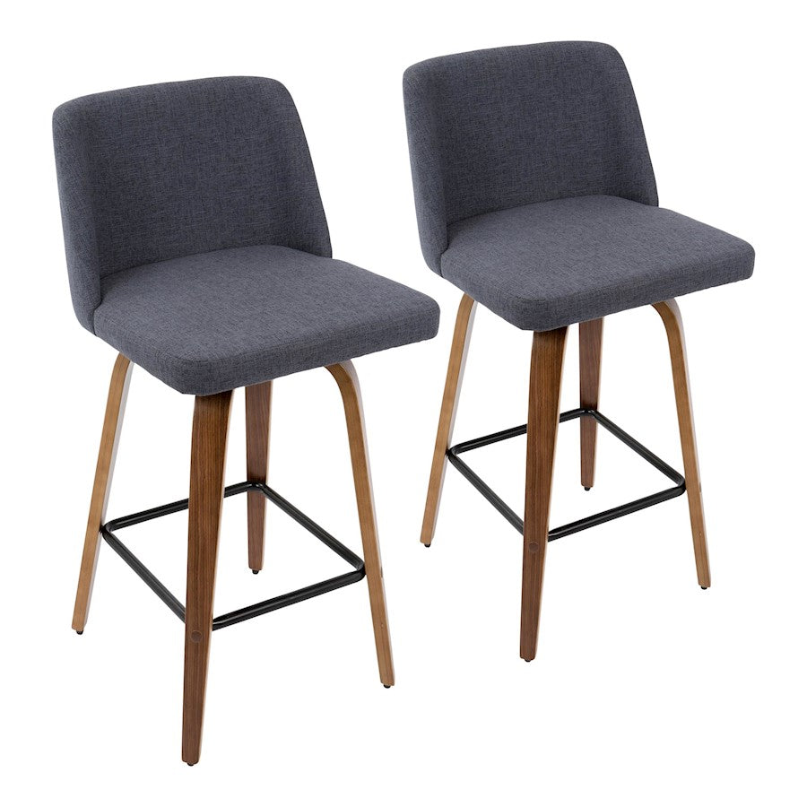 LumiSource Toriano Counter Stool Set of 2 | Mid-Century Walnut Wood and Blue Fabric | Kitchen Island & Breakfast Bar Seating | Model B26-TRNO2XWLBU2