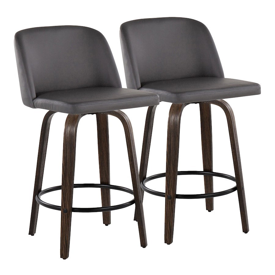 LumiSource Toriano 26in Counter Stool Set/2 | Mid-Century Walnut-Glazed Wood, Grey PU, Black Metal | Kitchen Island | Model B26-TRNOPU-GRTZQ2BNGY2