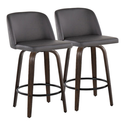 LumiSource Toriano 26in Counter Stool Set/2 | Mid-Century Walnut-Glazed Wood, Grey PU, Black Metal | Kitchen Island | Model B26-TRNOPU-GRTZQ2BNGY2