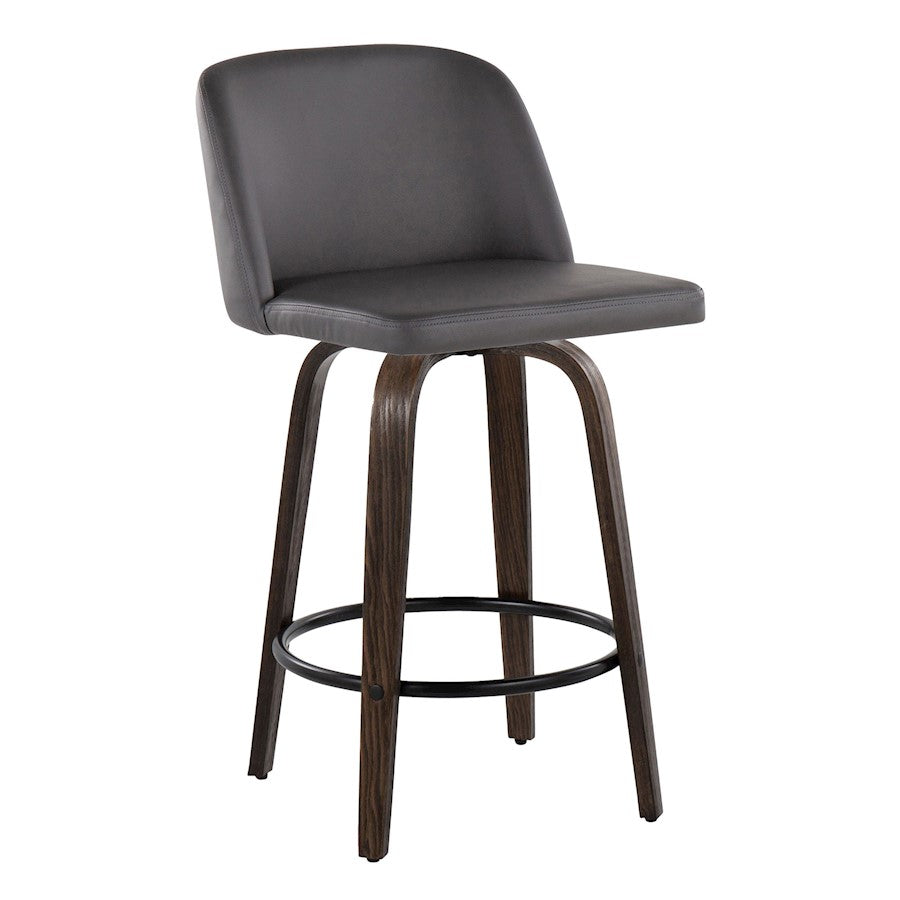 LumiSource Toriano 26in Counter Stool Set/2 | Mid-Century Walnut-Glazed Wood, Grey PU, Black Metal | Kitchen Island | Model B26-TRNOPU-GRTZQ2BNGY2