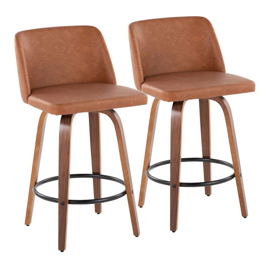 LumiSource Toriano 26in Counter Stool Set/2 | Mid-Century Walnut Wood, Camel PU, Black Steel | Kitchen Island & Bar | Model B26-TRNOPU-SWVQ2WLCAM2