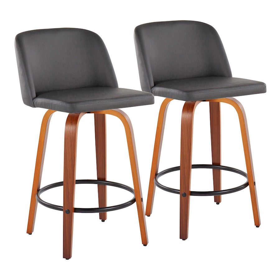 LumiSource Toriano 26in Counter Stool Set/2 | Mid-Century Walnut Wood, Grey PU, Black Steel | Kitchen Island & Bar | Model B26-TRNOPU-SWVQ2WLGY2