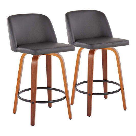 LumiSource Toriano 26in Counter Stool Set/2 | Mid-Century Walnut Wood, Grey PU, Black Steel | Kitchen Island & Bar | Model B26-TRNOPU-SWVQ2WLGY2