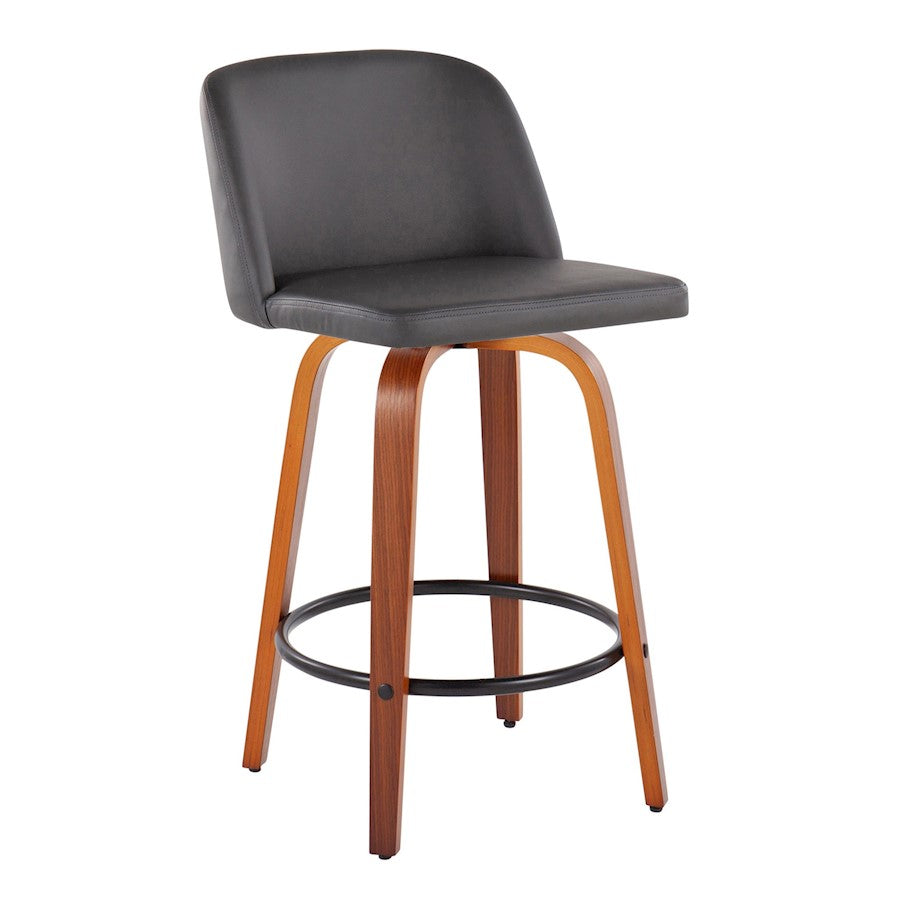 LumiSource Toriano 26in Counter Stool Set/2 | Mid-Century Walnut Wood, Grey PU, Black Steel | Kitchen Island & Bar | Model B26-TRNOPU-SWVQ2WLGY2