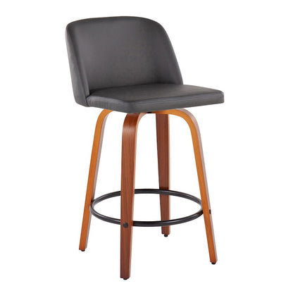 LumiSource Toriano 26in Counter Stool Set/2 | Mid-Century Walnut Wood, Grey PU, Black Steel | Kitchen Island & Bar | Model B26-TRNOPU-SWVQ2WLGY2