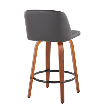 LumiSource Toriano 26in Counter Stool Set/2 | Mid-Century Walnut Wood, Grey PU, Black Steel | Kitchen Island & Bar | Model B26-TRNOPU-SWVQ2WLGY2